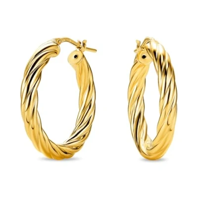 Image of Miore 18ct Gold Plated 925 Sterling Silver Earrings for Women, Textured Round Hoops 20mm, Handmade in Italy, Delivered Jewellery Box