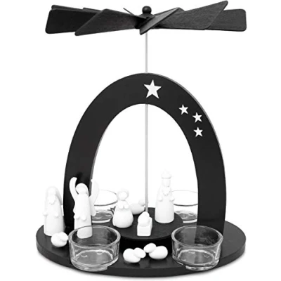 Image of BRUBAKER Christmas Pyramid 9 Inches (22 cm) Mary, Joseph and Jesus Carousel with 4 glass Tea Light Holders Black White