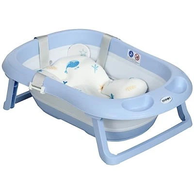 Image of ZONEKIZ Foldable Baby Bath Tub Set, Collapsible Bathtub Antibacterial with Non Slip Support, Cushion Pad, Shower Head Holder, for Newborn to Toddler Ages 0 6 Years Blue