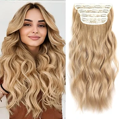 Image of Blonde Hair Extensions Clip in, 4Pcs Synthetic in Extension, 20 Inches Curly Soft Wavy Pieces for Women (T26/18#, 4Pcs)