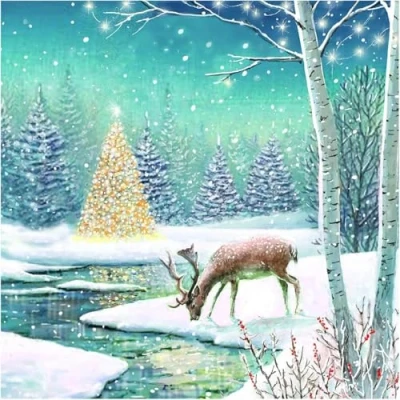 Image of Charity Christmas Cards Box of 20 Marie Curie, Parkinsons, Oxfam, British Heart, Stroke and NSPCC Deer in a Snowy Forest Artistic Festive Design 10 Each 2 Designs Eco Friendly