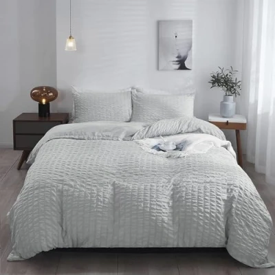 Image of Seersucker Bedding Set Double Bed Duvet Cover Sets 100% Cotton Silver Waffle Quilt Covers with Pillowcases
