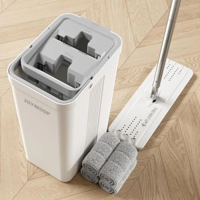 Image of JOYMOOP Mop and Bucket with Wringer Set, White Flat Squeeze Set for Floor Cleaning, Wet Dry Wall Cleaner Long Handle, Hardwood 4 Microfiber Cloths
