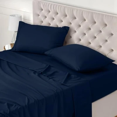 Image of Utopia Bedding 4 Piece Bed Sheet Set Super King, Navy Blue Fitted Sheet, Flat with 2 Pillow Cases 50x75 Wrinkle, Shrinkage and Fade Resistant Soft Brushed Polyester Microfiber Fabric