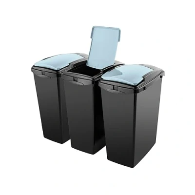 Image of Addis Recycling 40 litre waste kitchen plastic bins, Set of 3, modular system with lift lids, Black Air Blue