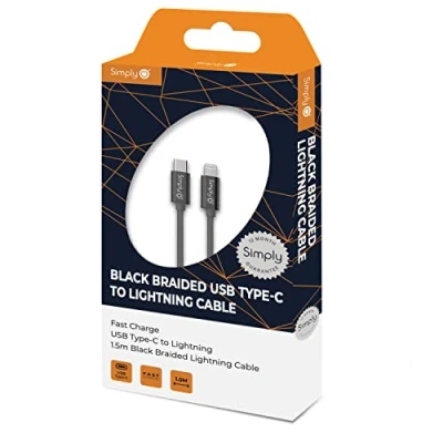 Image of Simply Power TCIP01 Fast Charging &amp; Durable Type C to iPhone Lightning Black Braided 1.5m Cable