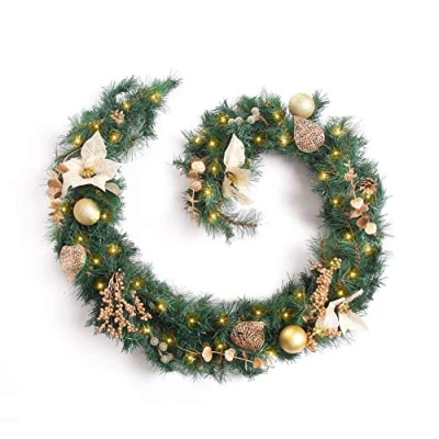 Image of Best Artificial Cream Gold Decorated Christmas Garland with 50 Warm White LED Battery Lights (6ft Garland)