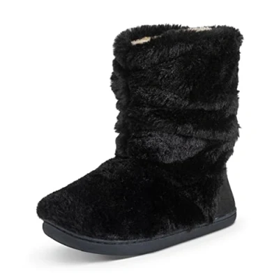 Image of Polar Womens Slipper Boots with Sherpa Lining Memory Foam Indoor Bootie Anti Slip Rubber Sole Soft, Warm and Fluffy House Ankle Boot Slippers Black Fur AYC0841/UK5