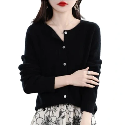 Image of TeysHa Women&#039;s Cashmere Cardigan Sweater,Wool Crew Neck Button Down Long Sleeve Sweater,Soft Warm Knit Elastic Jumpers (Black,Medium)