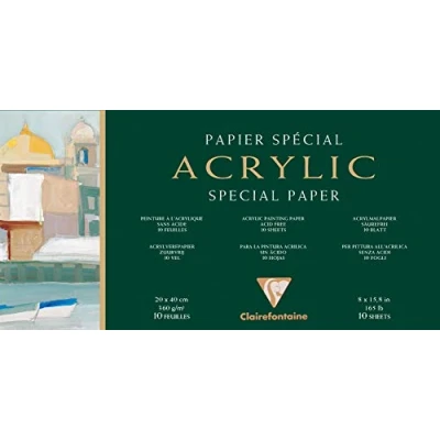 Image of Clairefontaine Ref 96490C Acrylic Paper Pad (10 Sheets) 20 x 40cm in Size, 360gsm Paper, Acid Free, pH Neutral Suitable for Use With &amp; Gouache Paints