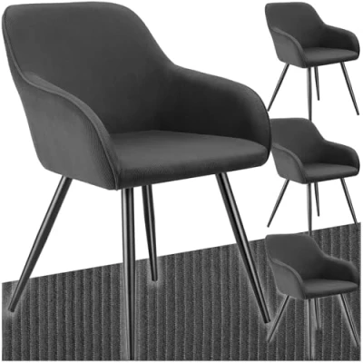 Image of TecTake® Set of 4 Dining Chairs in Corduroy Look with Soft Padding, Upholstered Armchair High Backrests &amp; Slim Steel Legs Ideal Dining, Kitchen Living Room Armchairs Anthracite/Black