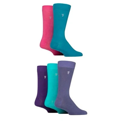 Image of Mens 5 Pair Farah Plain, Striped and Patterned Everyday Bamboo Socks Plain Teal / Pink Purple 6 11
