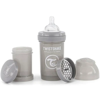 Image of Twistshake Anti Colic Baby Bottle with Milk Powder Container and Mixer 180ml Medium Flow Silicone Breast Like Nipple BPA Free Suitable for Newborn Babies (0+) Pastel Grey