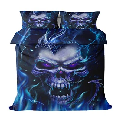 Image of Sticker Superb. Sugar Skull Gothic Skeleton Black Duvet Cover Set with Pillowcase, Halloween Floral Dragon Boy Man Home Bedding Microfiber Polyester (Blue, Single 135x200cm)