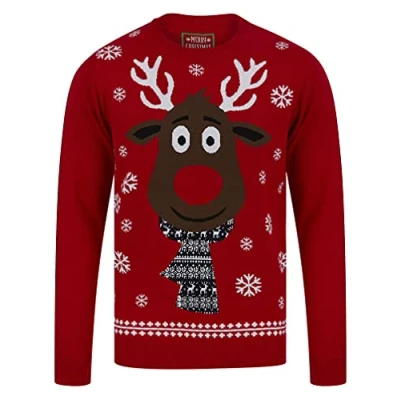 Image of Mens Festive Scarf Rudolph Reindeer Christmas Jumper Red XL