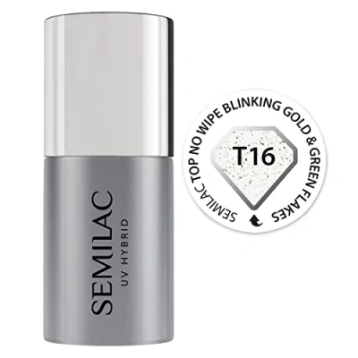 Image of Semilac Top Coat No Wipe UV Gel Soak Off Polish Salon Quality Manicure Effective Long Lasting Crack Resistant Easy to Apply (Blinking Gold &amp; Green, 7ml)