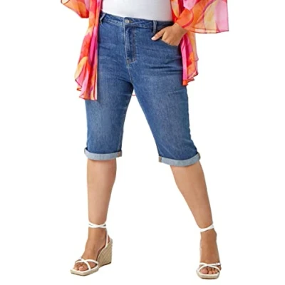 Image of Roman Originals Denim Shorts for Women UK Ladies Knee Length Stretch Jean Cropped Jeggings Turn Up Hem Cut Off Summer High Waisted Smart Fitted Lightweight Casual Holiday Plus Size 30