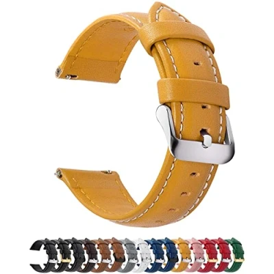 Image of Fullmosa Watch Strap, Genuine Leather Straps with Stainless Metal Clasp, Quick Release Replacement Bands, 14mm 16mm 18mm 19mm 20mm 22mm 24mm, Yellow