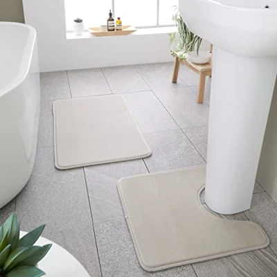 Image of Catherine Lansfield Anti Bacterial Memory Foam Bath Mat and Pedestal Set Natural