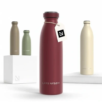 Image of LARS NYSØM Stainless Steel Insulated Water Bottle 12oz 17oz 25oz 34oz 51oz Thermo Flask for Hot and Cold Beverages Leakproof Drinking (Berry Red, 500ml)