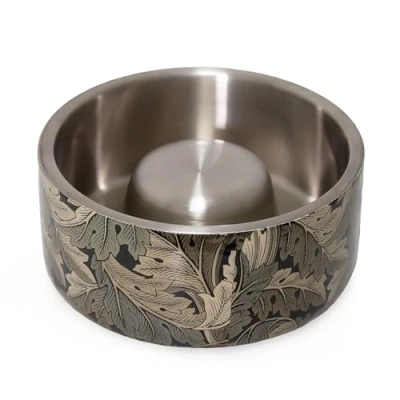 Image of Rosewood x Morris &amp; Co. Acanthus Slow Feeder Bowl for Dogs, Khaki, Durable Stainless Steel Dog Bowl, Aids Digestion, Feeding Station, Luxury William Print