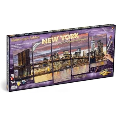 Image of Schipper 609450806 Painting by Numbers New York at Dawn Pictures for Adults, Includes Brush and Acrylic Paints, Master Class Polyptych Professional Edition, 132 x 72 cm