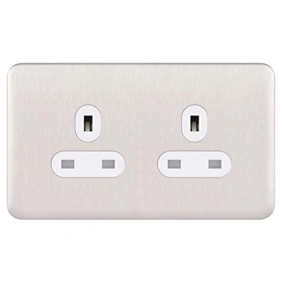 Image of Schneider Electric Lisse Screwless Deco Unswitched Double Power Socket, 13A, GGBL3060WSSS, Stainless Steel with White Insert