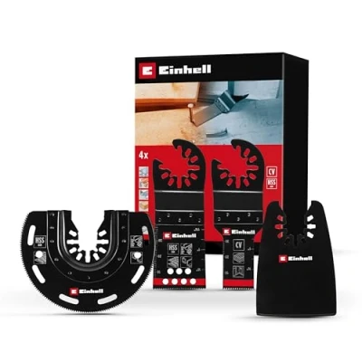 Image of Original Einhell 4 Piece Multitool Set (BIM Plunge Saw Blade, BIM Half Round CRV Blade and Flexible Scraper with Open Back Quick Change Receptacle for Common Multitools)