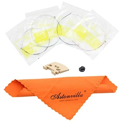 Image of Dilwe 4 in 1 Violin Strings &amp; Rubber Mute Maple Wood Bridge Cleaning Cloth Accessories Kit