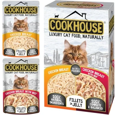 Image of COOKHOUSE 100% Natural &amp; Complete Luxury Wet Cat Food 36 x 70g Pouches Chicken Breast/Chicken Breast with Beef Fillets in Jelly