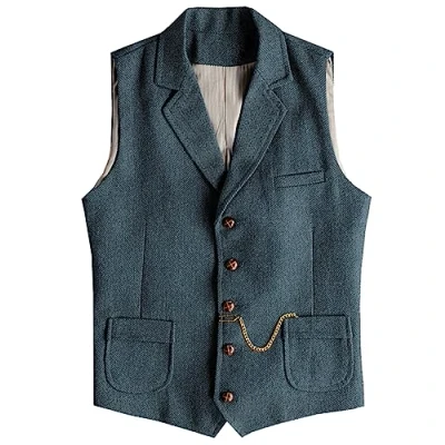 Image of AeoTeokey Men&#039;s Western Herringbone Tweed Suit Vest Wool Slim Fit Waistcoat (Light Navy,S)