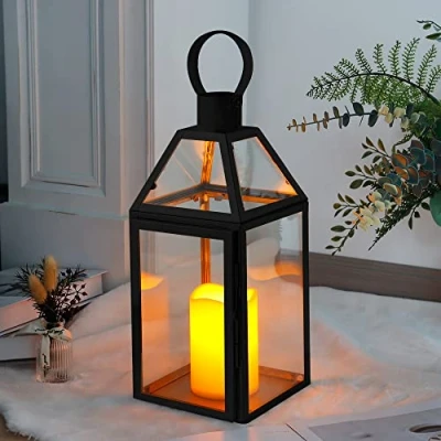 Image of JHY DESIGN Black Decorative Lanterns 34cm High Stainless Steel Candle with Tempered Glass for Indoor Outdoor Events Parities and Weddings