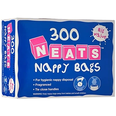 Image of Neats Nappy Bags, 300 Bulk Box, Tie Handle Disposable Sacks for Nappies, Wipes &amp; Diapers, Fresh Fragrance