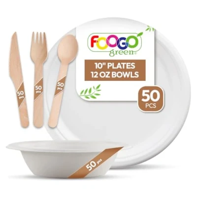 Image of FOOGO Green 250pcs Disposable Sugarcane Fibre Paper Plates, Bowls and Wooden Cutlery Set, FSC® Certified, 50x Large Round Bowls, Forks Knives Spoons, Strong Plates