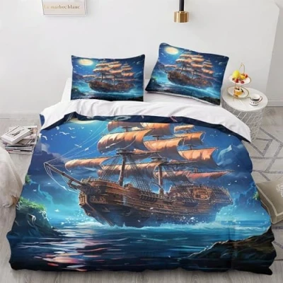 Image of OPSREY Pirate Ship Colorful Bedding Set Hidden Zipper Boat Duvet Cover with Pillowcases Quilt Soft Microfiber Comforter Various Sizes for Kids Adults King（220x240cm）
