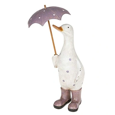Image of Davids Ducks Large White and Lilac Polka Dot Duck with Umbrella Wellington Boots Lovely Decorative Ornament Great Gift Idea