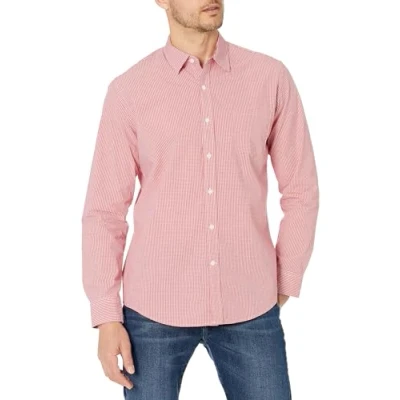Image of Amazon Essentials Men&#039;s Regular Fit Long Sleeve Casual Poplin Shirt, Red Gingham, M