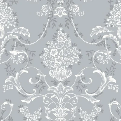 Image of SOPHIE LAURENCE Rasch Amelie Damask Floral Blue White Wallpaper for Bedroom and Living Room Decor, Elegant Wall Covering, 10m Roll