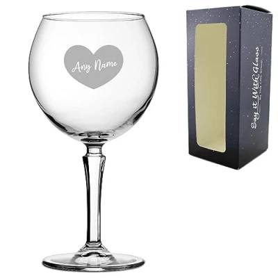 Image of Personalised Engraved Hudson Gin Balloon Cocktail Glass with Name in Heart Design, Personalise Any for Occasion, Gift Box Included, Laser