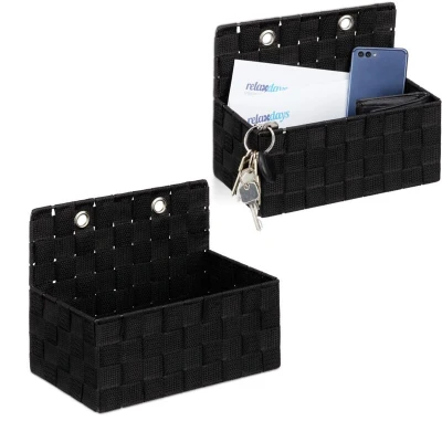 Image of Relaxdays Hanging Storage Basket, Set of 2, Wicker Look, Bathroom or Hallway, Wall Mounted Organiser, 20x25x6.5cm, Black, Iron, Plastic