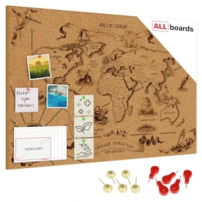 Image of ALLboards World Map 2 Frameless Cork Board Bulletin Notice Board, 90x60 cm