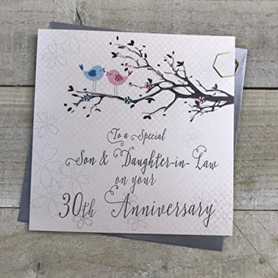 Image of WHITE COTTON CARDS Son &amp; Daughter in Law 30th Wedding Anniversary Card Pearl Birds and Tree branch