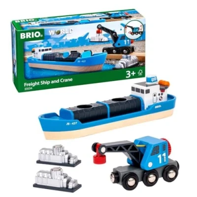 Image of BRIO World Harbour Freight Ship Boat and Crane for Kids Age 3 Years Up Wooden Railway Accessories &amp; Add Ons