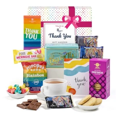 Image of Hattie&#039;s Gifts Thank You for Women Vintage Tea, Shortbread Biscuits, Chocolate, and More Afternoon Tea Hamper Women, Hampers &amp; Gourmet