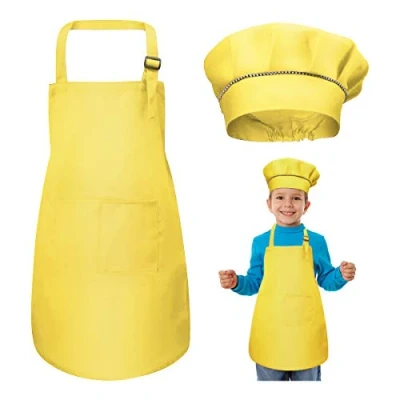 Image of WEONE Kids Apron and Chef Hat Set, Adjustable Children with 2 Pockets for Boys Girls, Toddler Kitchen Garden Bib Aprons Cooking Baking Painting Crafting (7 13 Year) (Yellow)