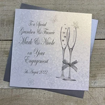 Image of WHITE COTTON CARDS PERSONALISED ENGAGEMENT CARD. ANY RELATION. GRANDSON &amp; FIANCÉE. CHAMPAGNE FLUTES DESIGN. Handmade (P22 34 GS XP22 GS)