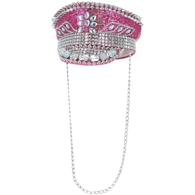 Image of Smiffys Fever Deluxe Sequin Studded Captains Hat, Hot Pink with Chain, Accessories Fancy Dress, Adult Dress Up Hats