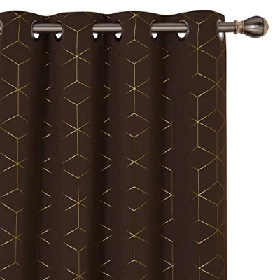 Image of Deconovo Blackout Curtains, Noise Reduction Eyelet Gold Diamond Printed Thermal Insulated Curtains for Bedroom, 46 x 72 Inch(Width Length), Chocolate, One Pair