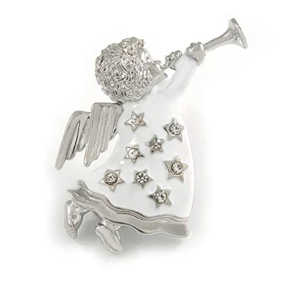 Image of Avalaya Silver Tone White Enamel, Clear Crystal &#039;Beautiful Angel&#039; Brooch 50mm L