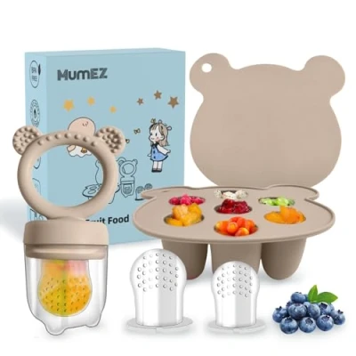 Image of MumEZ Baby Fruit Feeder Pacifier Convenient Food Set, Easy Self Feeding Journey with Dummy Feeder, Freezer Trays Included（Gray）
